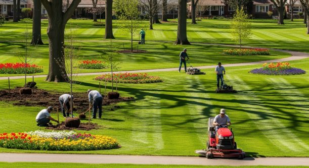 Landscaping crew mowing striped lawn and planting trees in mulched beds with colorful tulip borders at a commercial property
