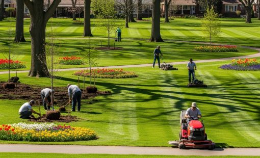 Landscaping crew mowing striped lawn and planting trees in mulched beds with colorful tulip borders at a commercial property