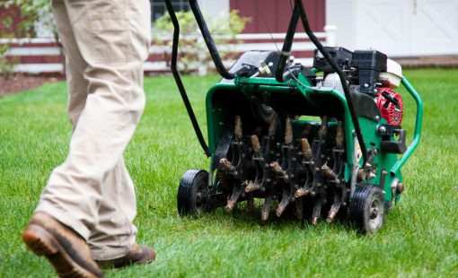 Landscape professional aerating a lawn.
